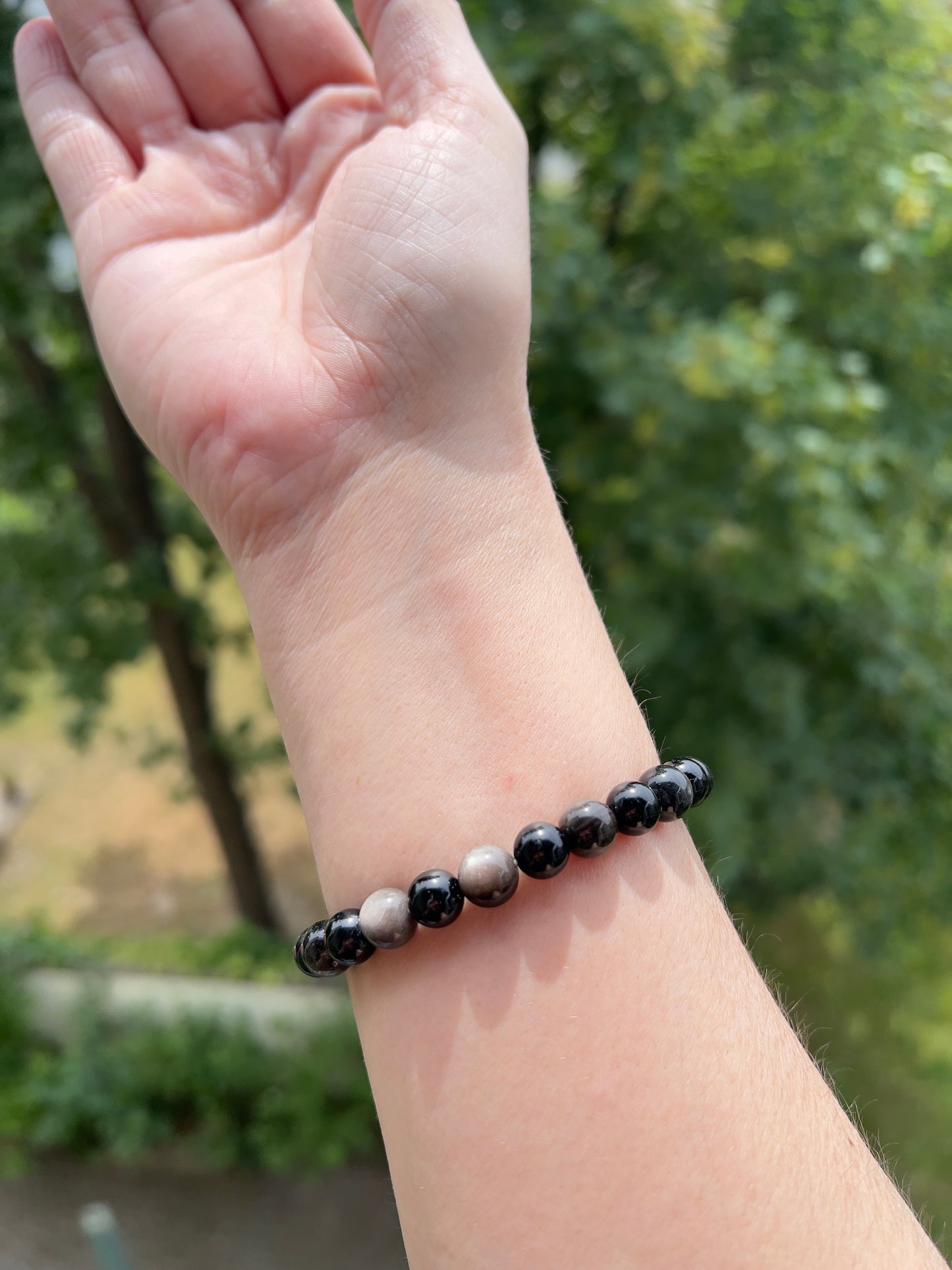 Armband „Innere Stärke“ – Schwarzer Turmalin &  Silberflash-Obsidian | 8 mm Edelsteinarmband