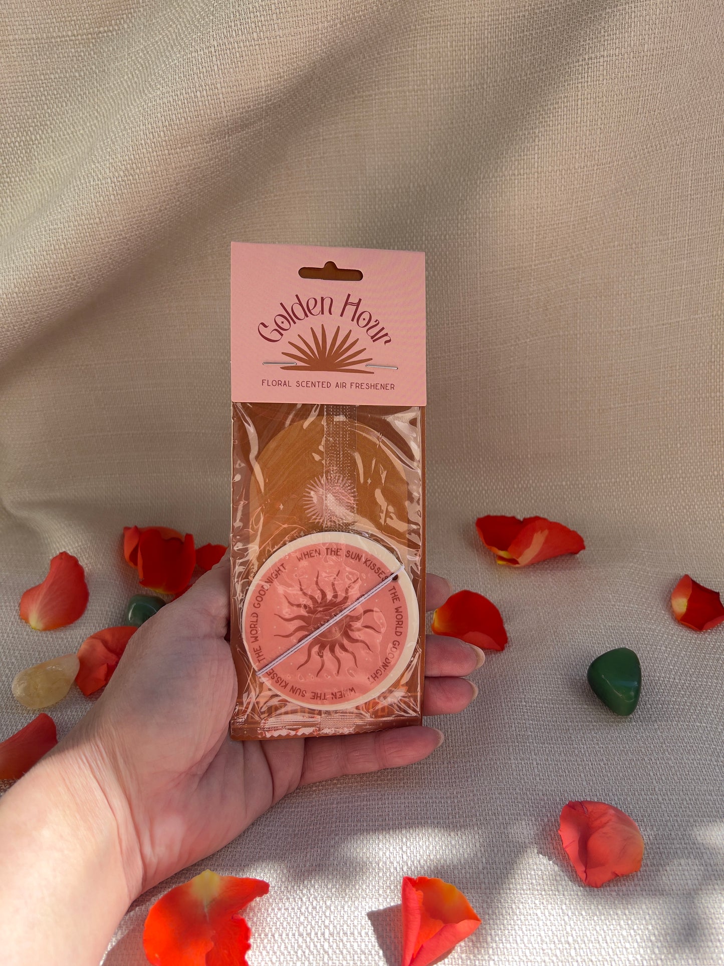 Golden Hour Lufterfrischer – Blumenduft mit Sonnenmotiv