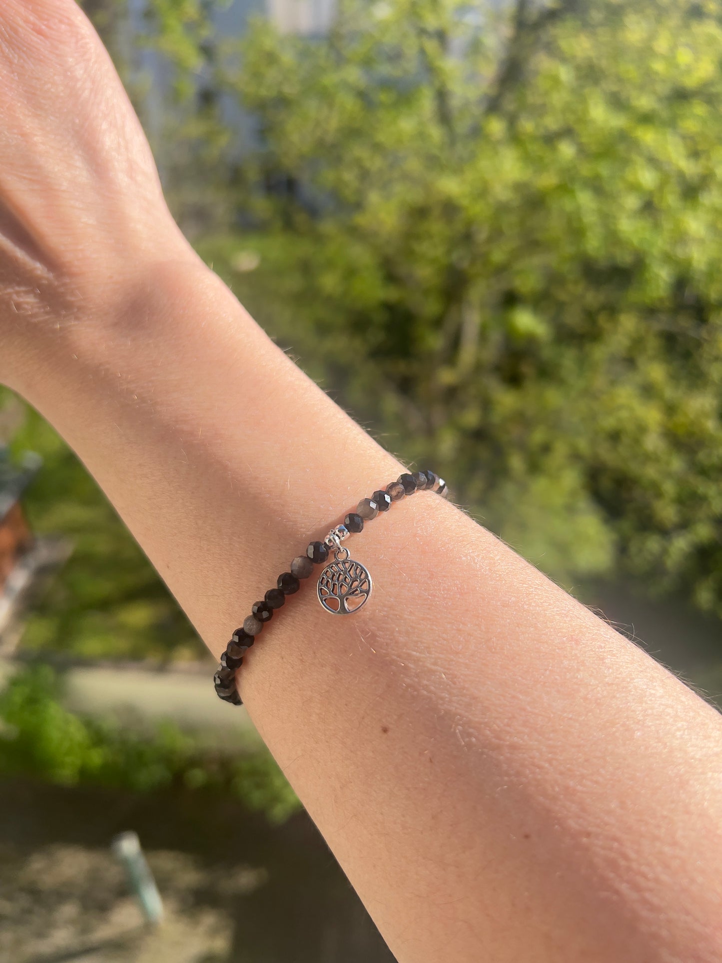 Armband „Stärke & Balance“ – Obsidian & schwarzer Turmalin 4 mm facettiert mit Lebensbaum | Edelstahl verstellbar