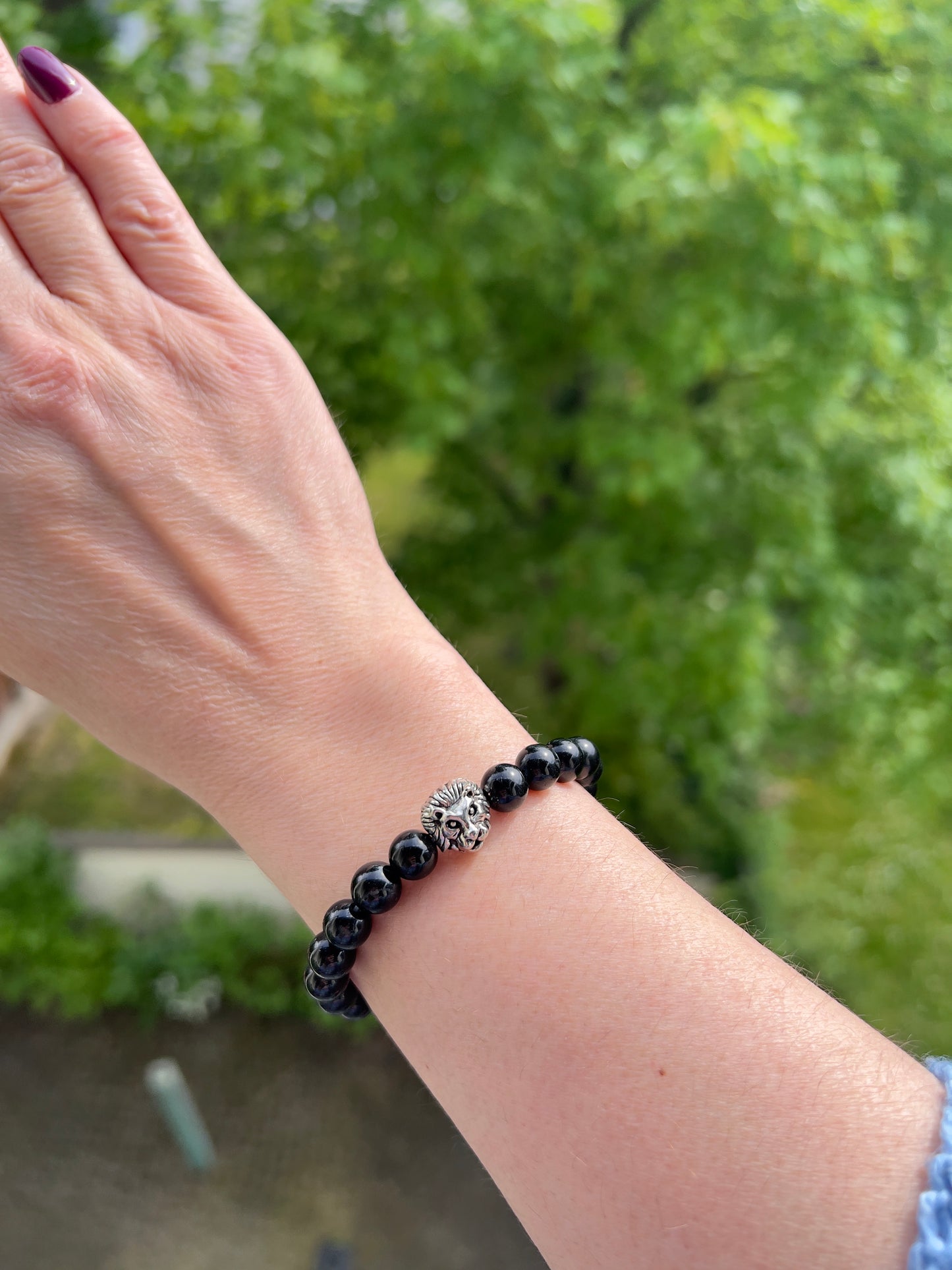 Turmalin-Armband Löwe – 8 mm | schwarzer Turmalin | Edelstahl Silber | elastisch