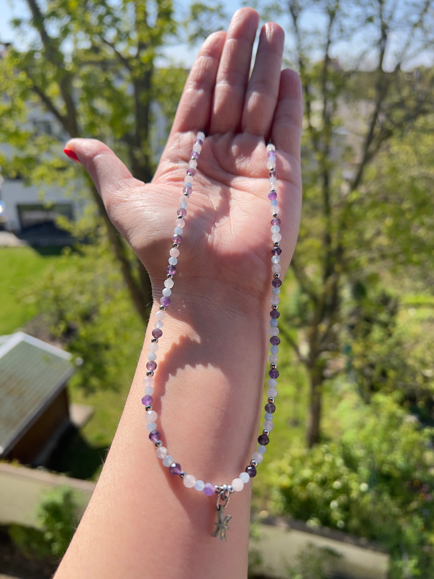 Sternzeichen Kette Fische – Amethyst, Aquamarin & Mondstein 4 mm facettiert | 45 cm Edelstahl