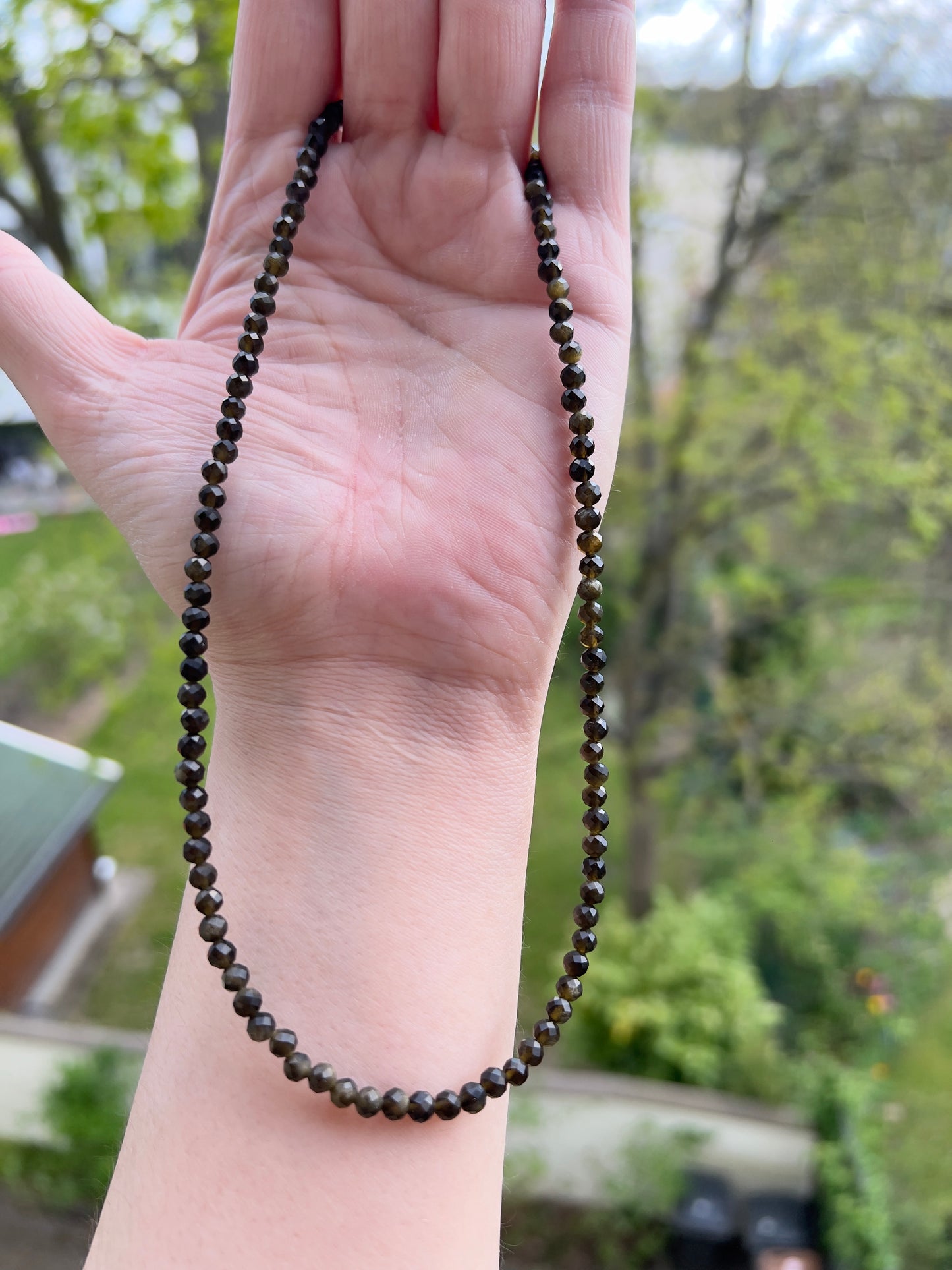 Facettierte Obsidian Kette mit goldenem Flash 4 mm | 925er Silber | 41 cm