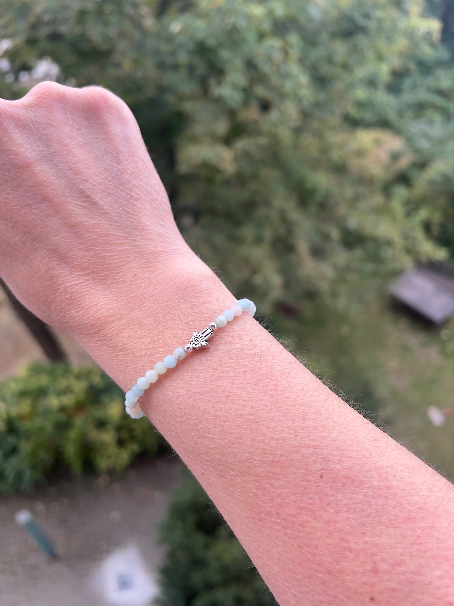 Amazonit-Armband 4 mm facettiert mit Edelstahl-Hamsa-Hand | Harmonie & Schutz