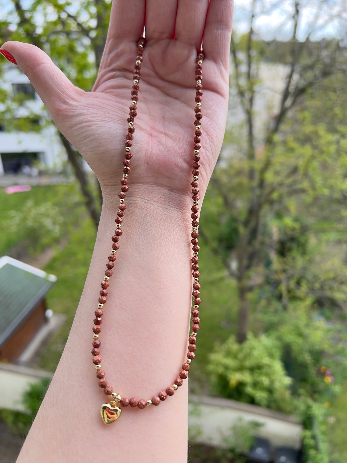 Facettierte Golden Healer Kette 4 mm mit Herzanhänger (synthetisch) | Edelstahl vergoldet | 47 + 9 cm