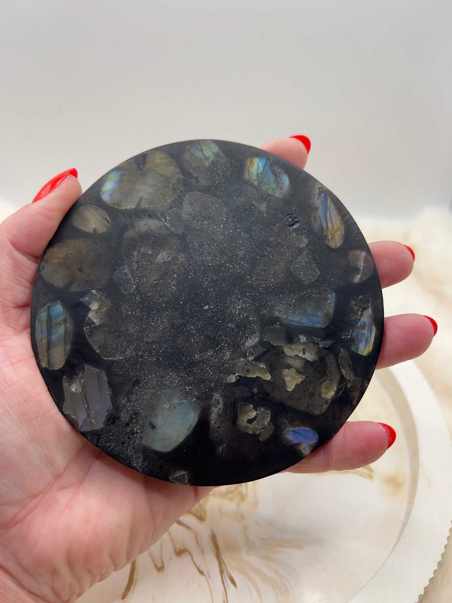 Labradorit-Resinplatte mit intensivem Flash – inkl. Ständer | 11 cm | 138 g