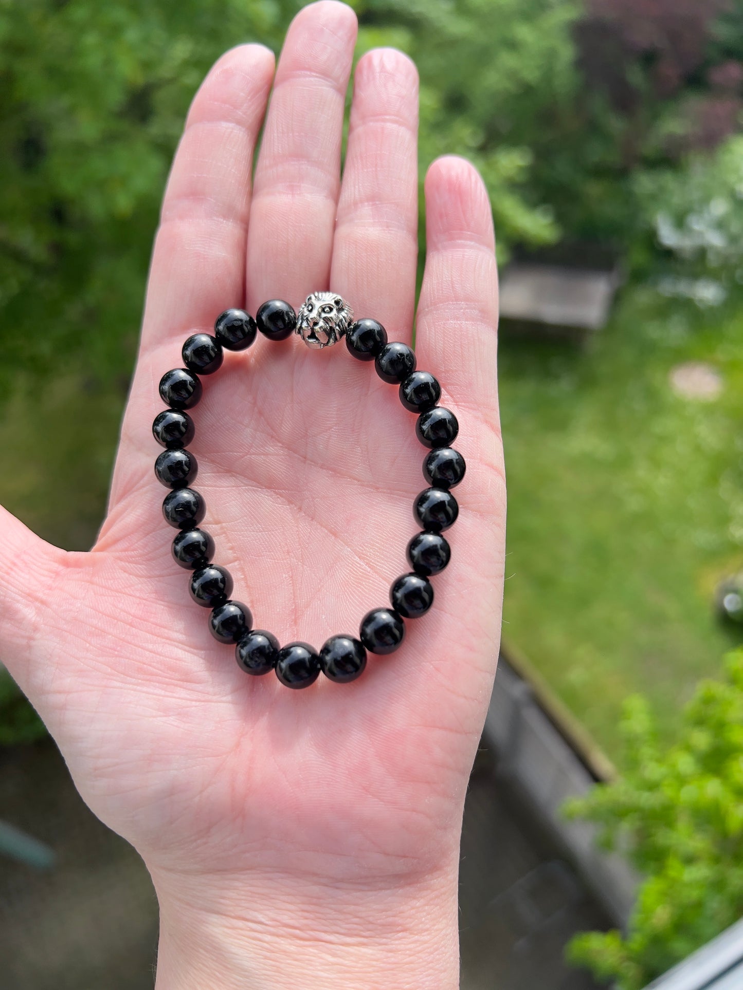 Turmalin-Armband Löwe – 8 mm | schwarzer Turmalin | Edelstahl Silber | elastisch