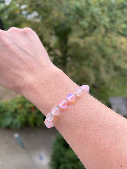 🌸 Armband „Rosé-Spiegelglanz“ – Kristallglas mit blauem Flash & 925er Silber (8 mm) 🌸