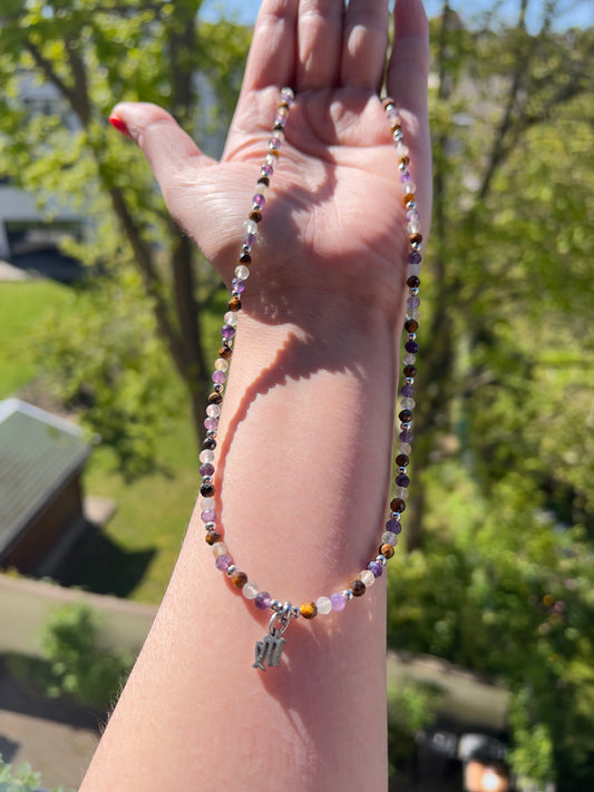 Sternzeichenkette Jungfrau – Tigerauge, Citrin in Quarz & Amethyst