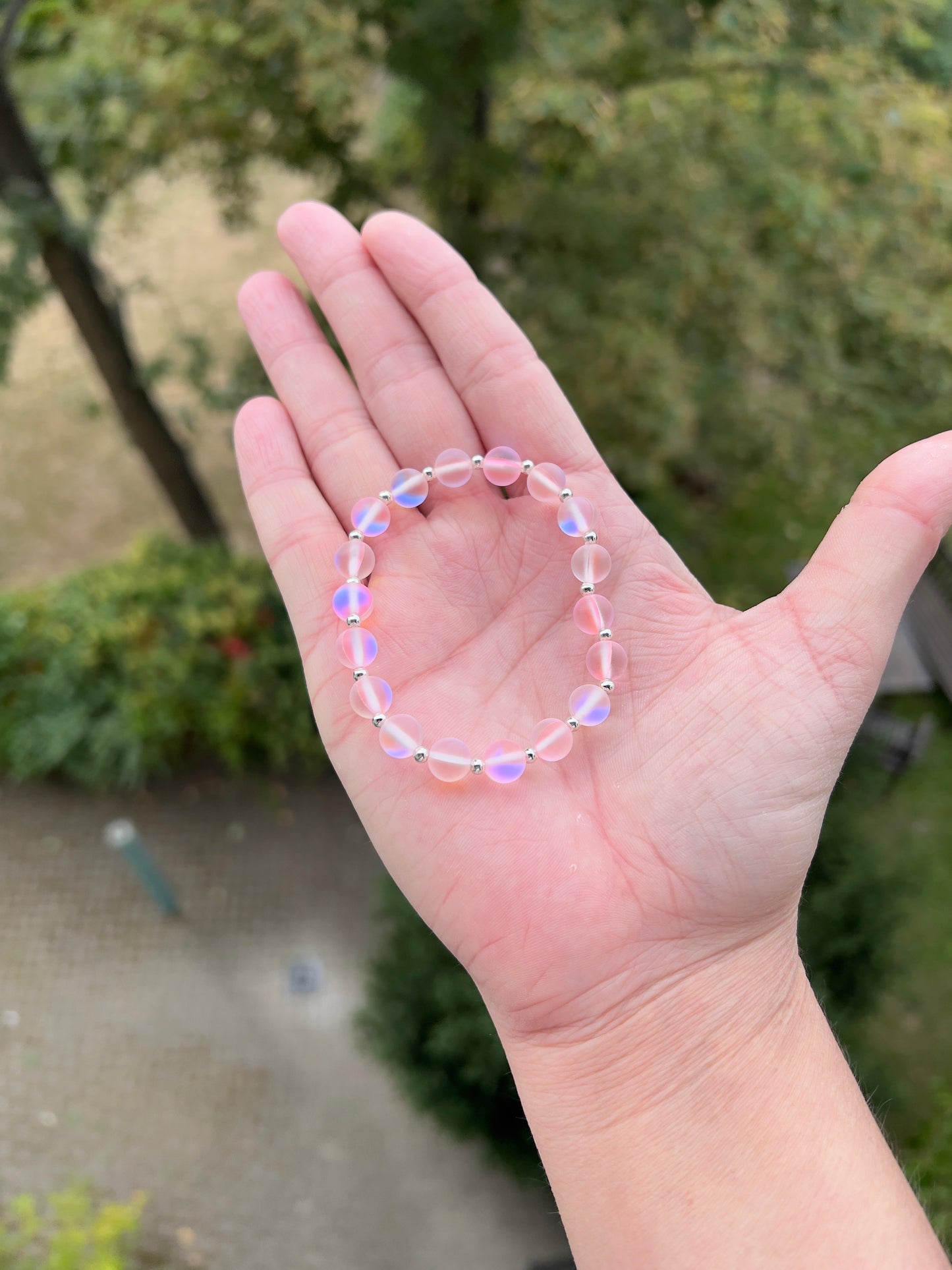 🌸 Armband „Rosé-Spiegelglanz“ – Kristallglas mit blauem Flash & 925er Silber (8 mm) 🌸