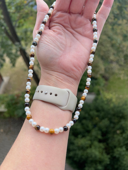 Anezusperlen & Tigerauge - Kette - Eleganz trifft Erdung