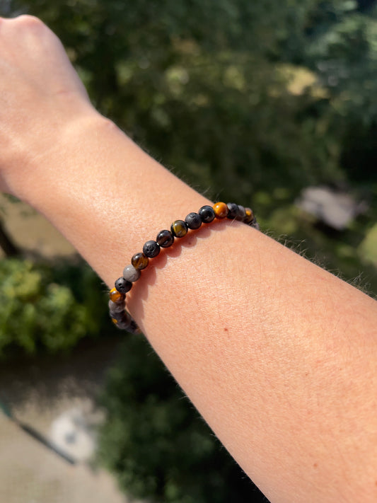 Schutz & Erdung – Armband mit Tigerauge, Lavastein & Obsidian (6 mm)