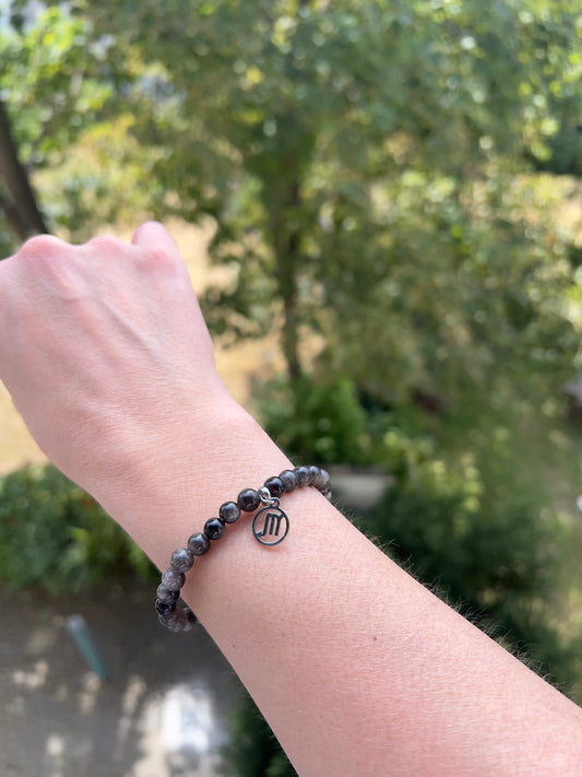 Sternzeichenarmband Skorpion – Schwarzer Obsidian AAA 6 mm mit silbernem Flash (Silber oder Gold wählbar)