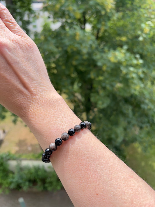 Armband „Innere Stärke“ – Schwarzer Turmalin &  Silberflash-Obsidian | 8 mm Edelsteinarmband