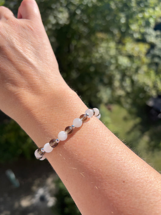 Rauchquarz & Mondstein Armband - 6mm mit 925er Silber - Energie & Ausgleich