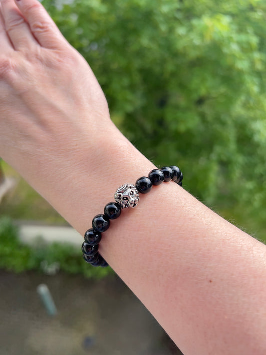 Turmalin-Armband Löwe – 8 mm | schwarzer Turmalin | Edelstahl Silber | elastisch