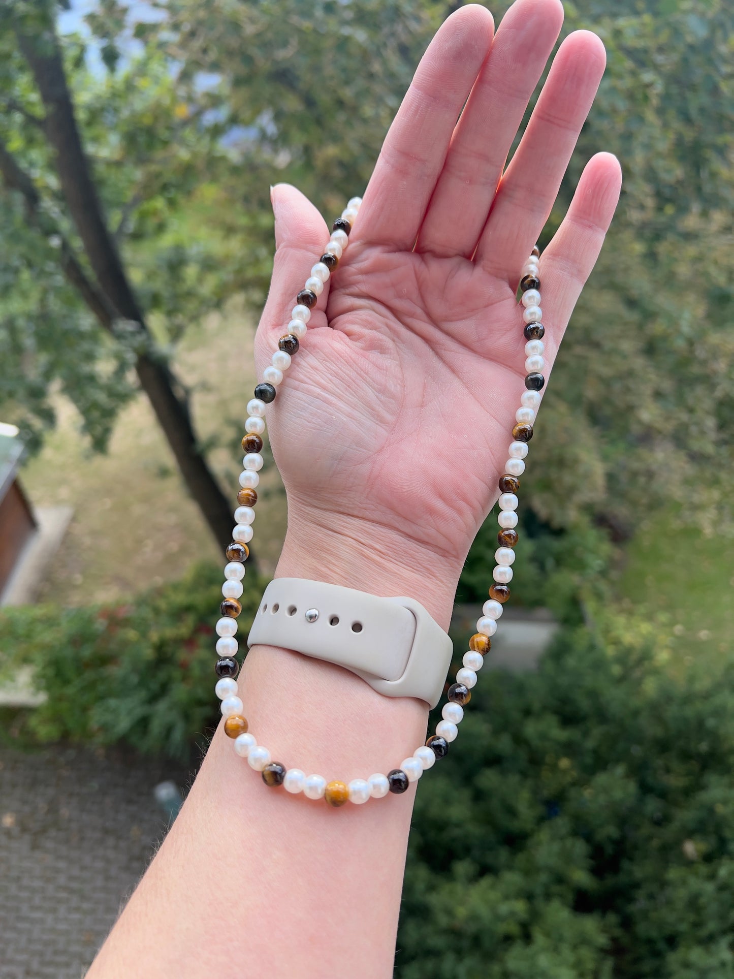 Anezusperlen & Tigerauge - Kette - Eleganz trifft Erdung