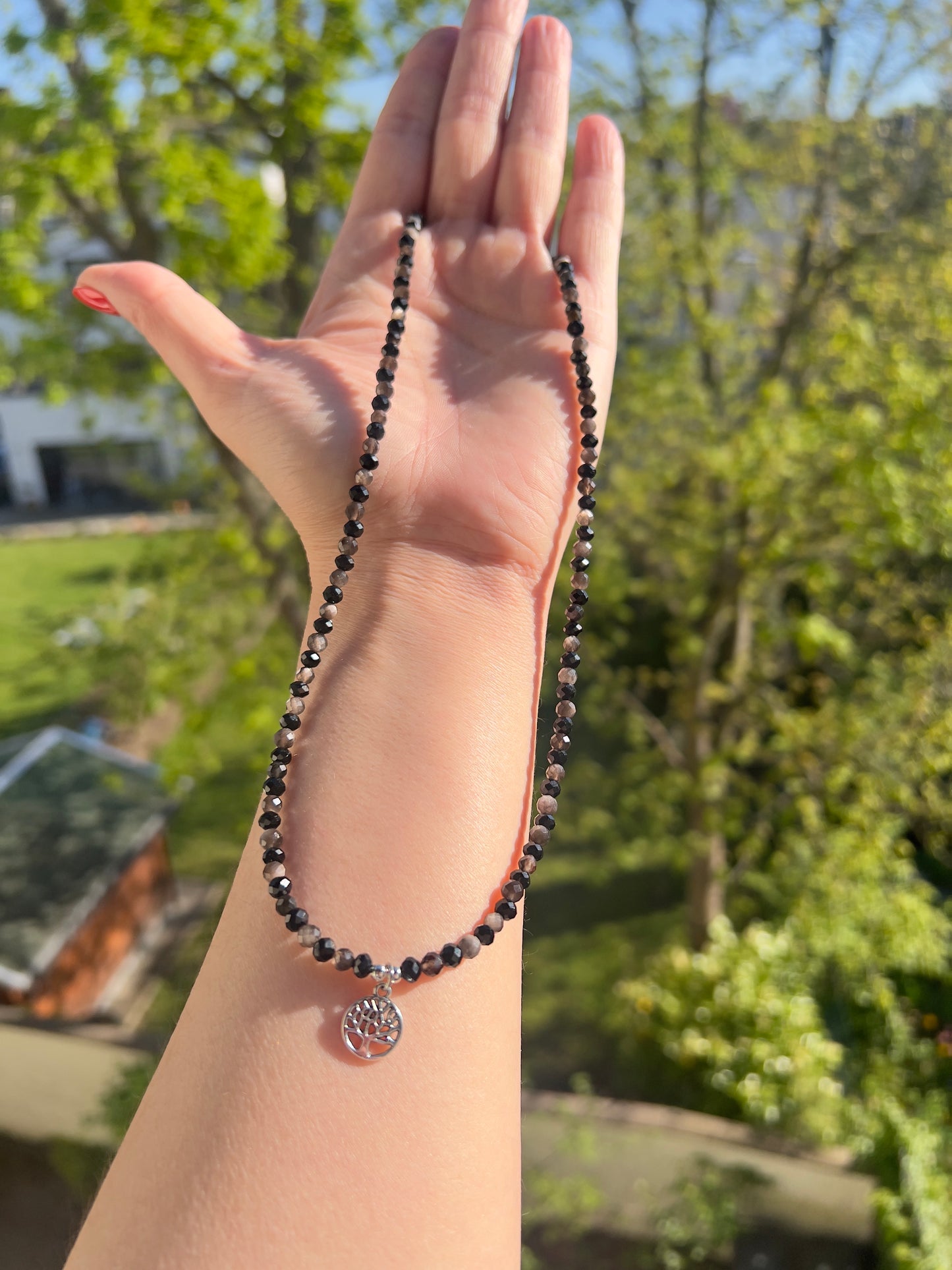 Kette „Stärke & Balance“ – Obsidian Silberflash & schwarzer Turmalin 4 mm facettiert mit Lebensbaum | ca. 48 cm Edelstahl
